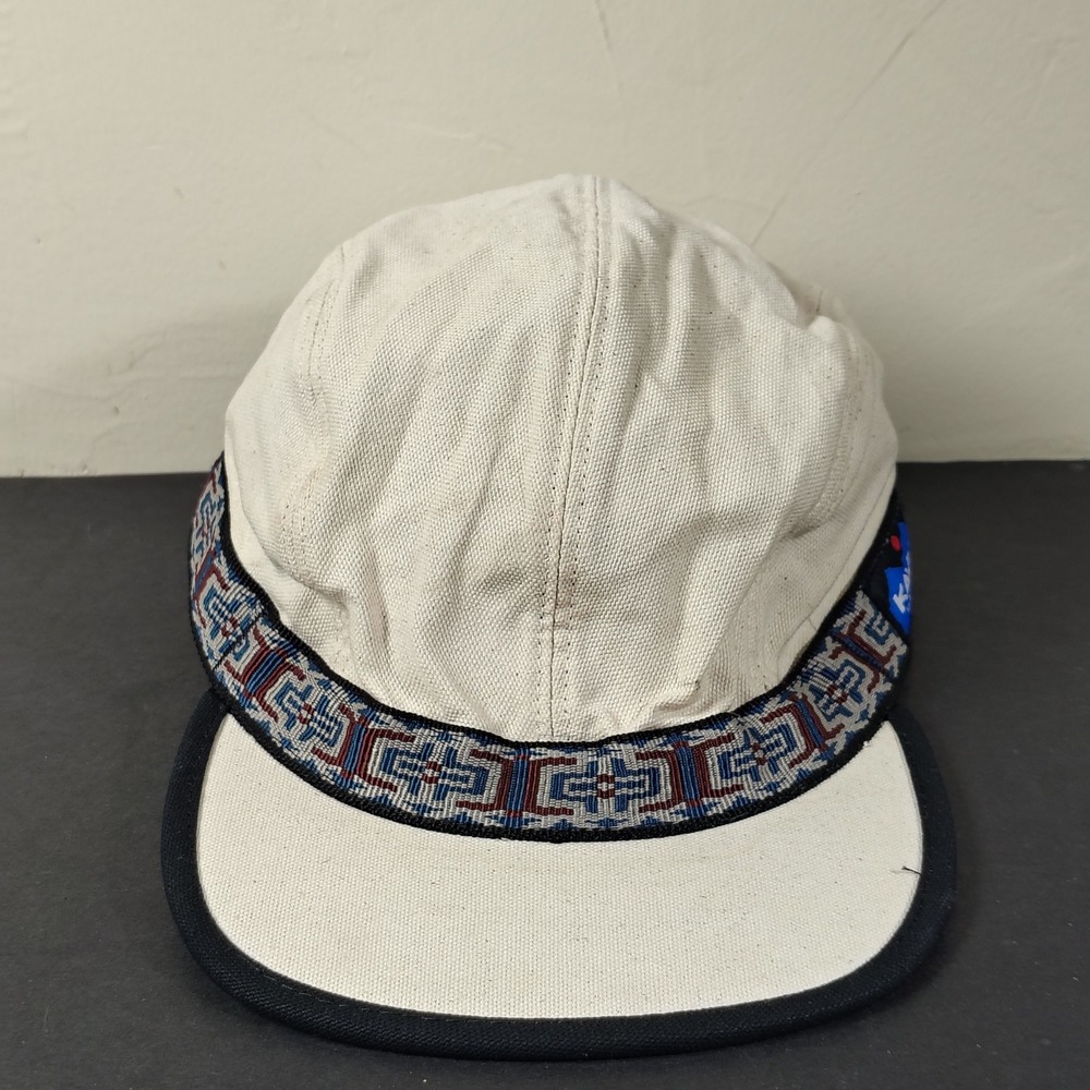 KAVU Strapcap Hat Large Beige Cotton Canvas Patterned Trim Made in USA